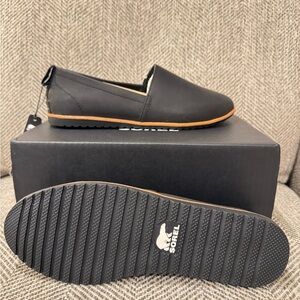 Sorel Black Slip-On Loafers with Brown Sole